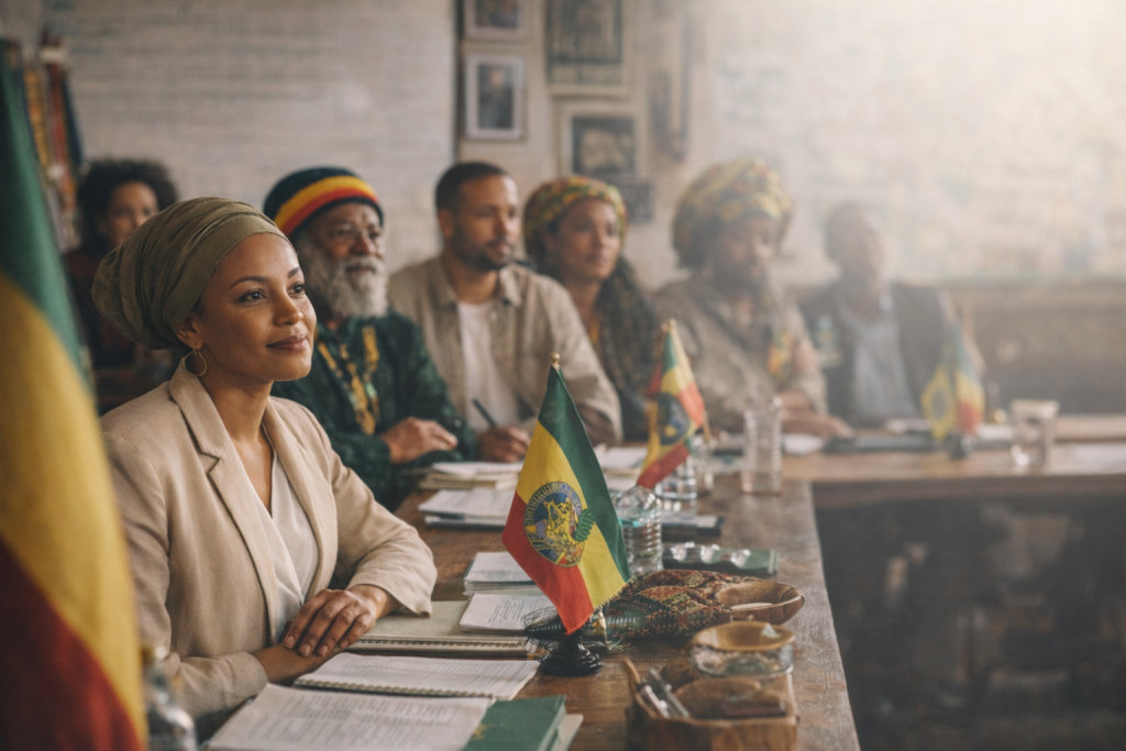 Members of The Ethiopian World Federation, Inc. in a community meeting representing heritage, unity, and organized development.